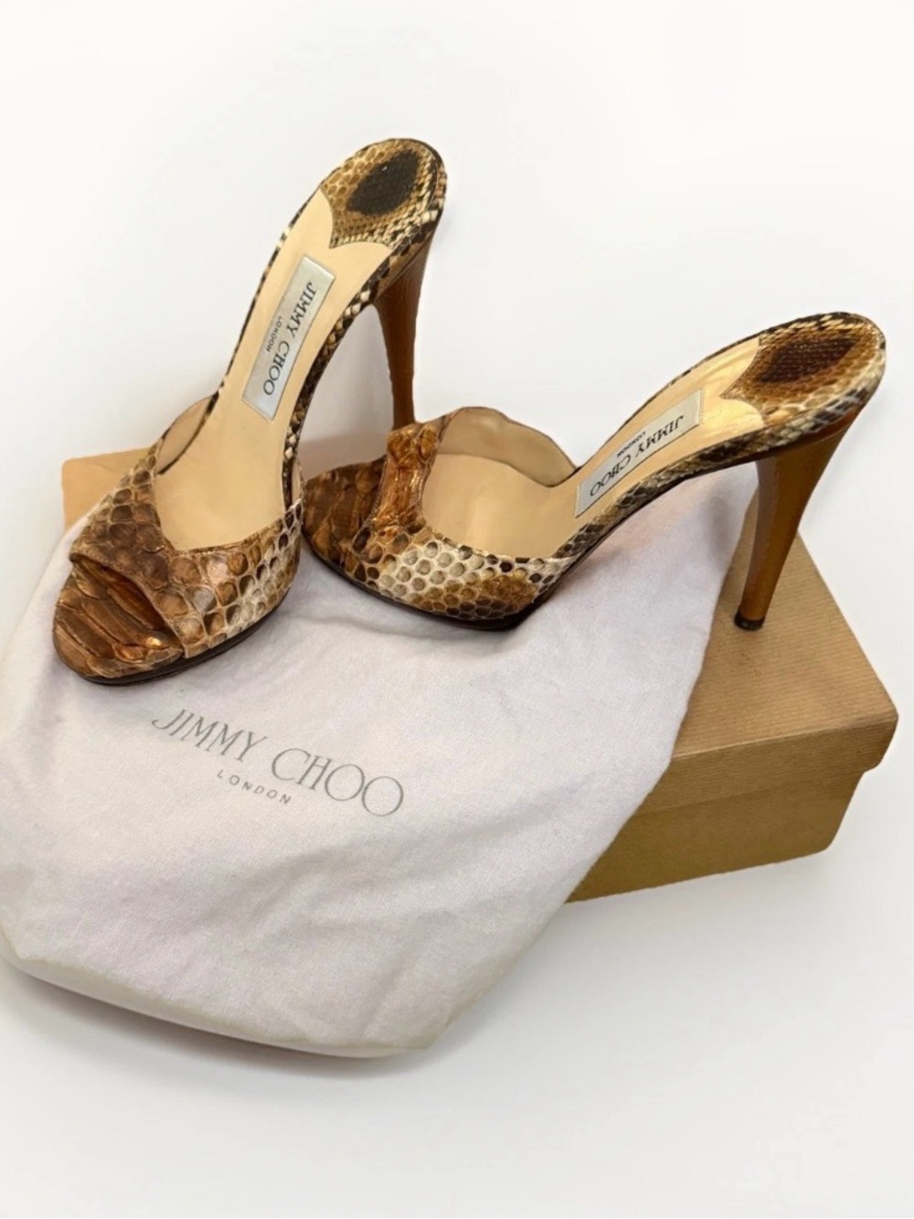 Jimmy Choo Brown-Tan Snakeskin Peep-Toe Stiletto Mule - Size 38
